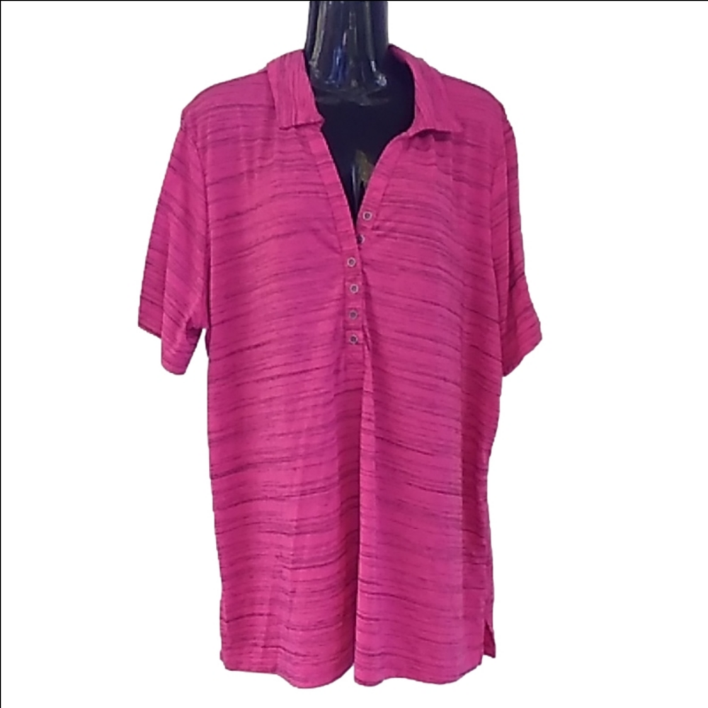 2/25 Hot Pink Black Heather Pattern Collar V Neck Half Button Short Sleeve Top